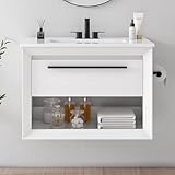 IRONCK 30' Bathroom Vanity with Sink, Wall Mounted Bathroom Vanity with 1 Drawer ＆ 1 Open Shelf, Modern Floating Bathroom Sink Cabinet with Undermount Ceramic Sink, Easy Assembly, White