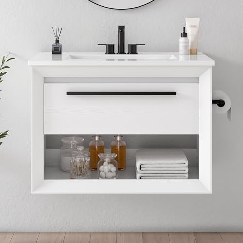 IRONCK 30' Bathroom Vanity with Sink, Wall Mounted Bathroom Vanity with 1 Drawer ＆ 1 Open Shelf...