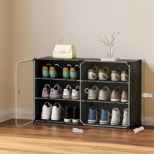 Image of Plastic Shoe Rack for Home with Door | 6-Shelf DIY Shoe Cabinet Organiser | Stores 12 Pairs | Foldable & Waterproof Shoe Stand for Entryway, Bedroom (Black, 2-Door)
