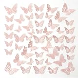 JOVYTH 48 pezzi Decorazioni Farfalle, 3D Farfalle Decorazione per la Casa e la stanza, farfalle decorative adesivi da parete per camera da letto soggiorno, feste di compleanno e festa (Rosa)
