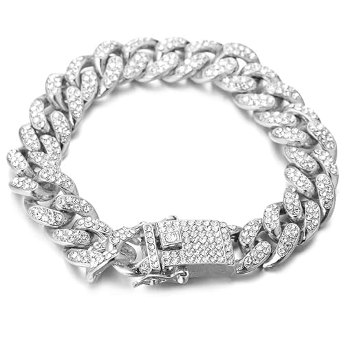 Halukakah Platinum Plated Cuban Link Chains Boys Kids 14MM White Gold Plated Lab Diamonds Prong Set Bracelet 7 Fits Ages 8-16.with Giftbox