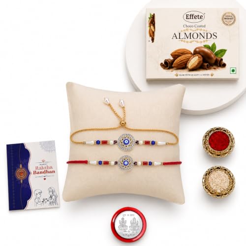 Image of DeoDap Bhai Bhabhi Rakhi Gift Set with 2 Designer Evil Eye Rakhis, Effete Choco Coated Almonds Gift Box, Silver Pooja Coin, Tilak Roli Chawal Set & Raksha Bandhan Greeting Card | Premium Rakhi Combo for Brother & Bhabhi