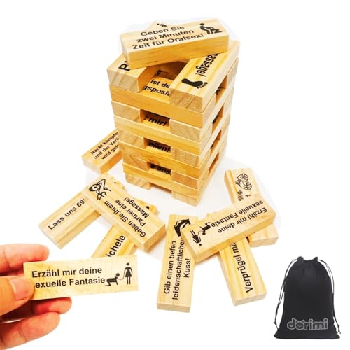 DORIMI 48 Stück Holz Block Tower Spiel Deutsches Turm Stapelspiel für Erwachsene Risk Tower Stapelspiel für Paare Paar Spiele für romantische Abende (Upgrade Natur 48Stk)