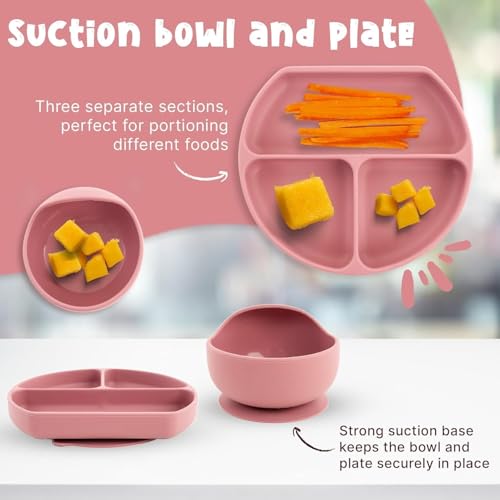 Image of Silicone Baby Feeding Set 6 Pieces with Suction Plate, Bowl, Adjustable Bib, Straw Cup, Spoon & Fork, BPA Free Baby Led Weaning Essentials - Pink