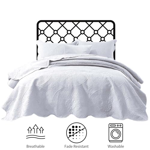 IR Imperial Rooms Queen Quilt Bedding Set Size (90" x 96") + 2 Pillow Shams (20" x 26"+ 2") - 3 Pcs All Season Lightweight Reversible Microfiber Coverlet Floral Embossed Quilt Bedspread (White)