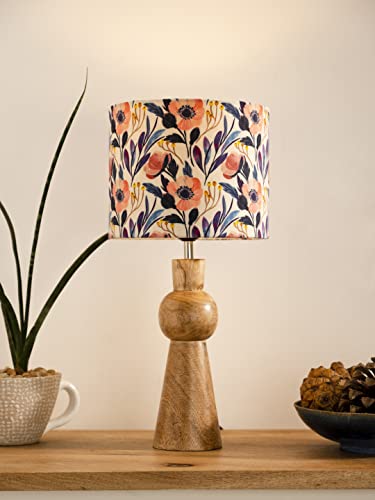 Image of Green Girgit Wooden Skirt Lamp with Multicolor Pink Flowers Shade
