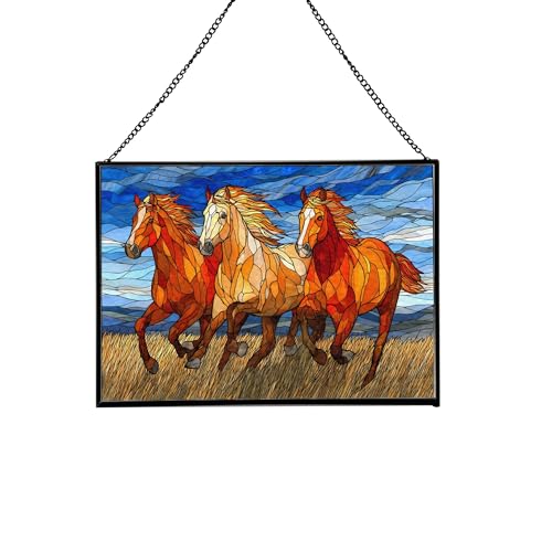 Colorful Horses Running Free Rectangular Stained Glass Suncatcher – Hanging Window Panel with Animal & Nature Scene – Vibrant Glass Art Gift for Wildlife, Fantasy, Nature Lovers WXy5Eu