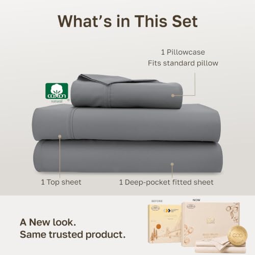 Image of California Design Den 100% Cotton Sateen Twin Sheets, 3 Pcs Set, Slate Grey | 400 Thread Count Backed by Good Housekeeping Seal, All-Around Elastic, Durable, Easy Care, OEKO-TEX certified