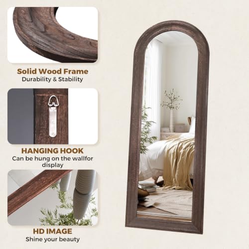 Image of 58x22 Solid Wood Arched Full Length Mirror, Elegant Brown Finish
