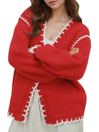 Image of YKR Chunky Knit Cardigan for Women Open Front Contrast Trim Sweaters Button Down Long Sleeve V-Neck Outerwear Coats