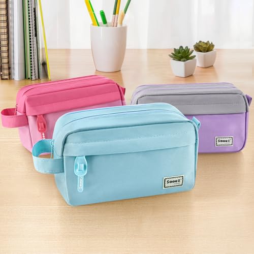 Image of Sooez Original High Capacity Pencil Case, Big Pencil Bag Pouch Box Organizer Pen Case, Aesthetic Supply for Girls Adults, Portable Journaling Supplies with Easy Grip Handle & Loop, Blue