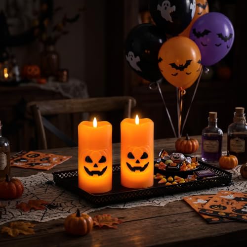Image of Halloween Pumpkin Flameless Pillar Candles with 6H Timer, 2PCS