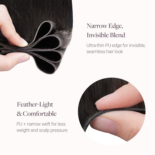 Image of GOO GOO Genius Narrow Edge PU Weft Hair Extensions Human Hair, Invisible Sew in Hair Extensions Human Hair, 2 Dark Brown 16 Inch 100g, Seamless Soft Lightweight
