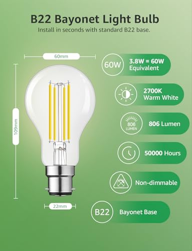 Lepro B22 Bayonet Light Bulb, A-Rated Ultra-efficient LED Bulb, 3.8W = 60W, 806lm, 2700K Warm White, 50000H Lifespan, Clear Filament, Vintage Glass, Non-dimmable, Pack of 2 - Image 5