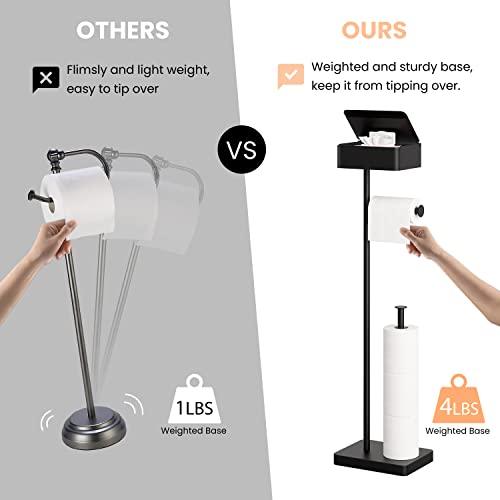 Allzone 3 In 1 Toilet Paper Holder Stand,Solid Free Standing Toilet Paper Holder With Shelf, Bathroom Toilet Paper Holder With Storage For 4 Rolls, Matte Black Toilet Paper Roll Holder #TOP2