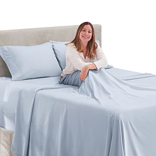 Image of Hearth & Harbor Extra Deep Pocket California King Sheet Set, Ice Blue | 4 Piece Bed Sheet Set, Ultra Soft & Breathable, Fits Up to 24 inch Mattress, Hotel Luxury