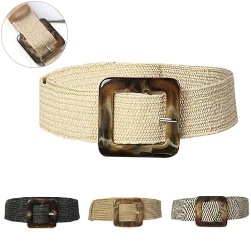 Casual Ultra Wide Belt Female Woven Vintage Carved Wood Buckle Elastic Belt for Skirts, High-Waisted Pants3
