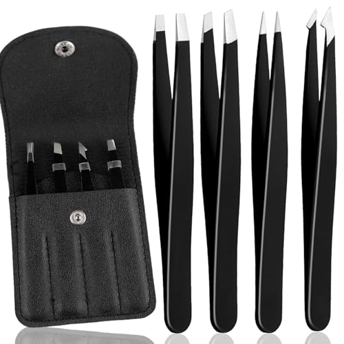 4Pcs Eyebrow Tweezers Set,Tweezers for Women Facial Hair Professional Stainless Steel Tweezers Precision Tweezers Set,Suitable for Removing Inward Growing Hair Eyebrows and Facial Hair(black)