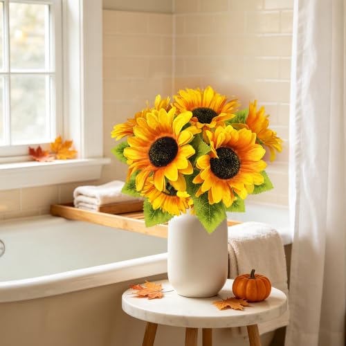 Image of 6PCS Sunflower Fall Artificial,Fake Silk Yellow Fall Sunflower Arrangement | 13.8 inch Autumn Artificial Flowers for Fall Home Decor, Baby Shower, Wedding Decor and Cemetery Flowers Decor
