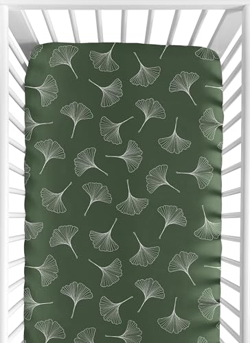 Image of Sweet Jojo Designs Fitted Baby Crib Sheets (Green Woodland Ginkgo Leaf) for Girls /Boys, Infant Nursery, Toddler Room - Standard Size (White & Forest Green Earthy, Vintage Minimalist, Botanical Nature)