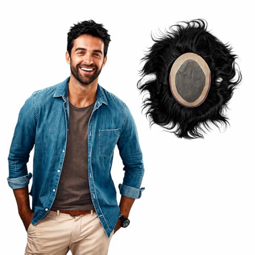 Image of 7x5 Fine R Mono Premium Men's Hair Patch | 100% Natural Human Hair Toupee with Durable Monofilament Base | Breathable Real Look Hair System | Undetectable Hairline | Securely Attach with Clips, Tape or Glue | Black Hair |