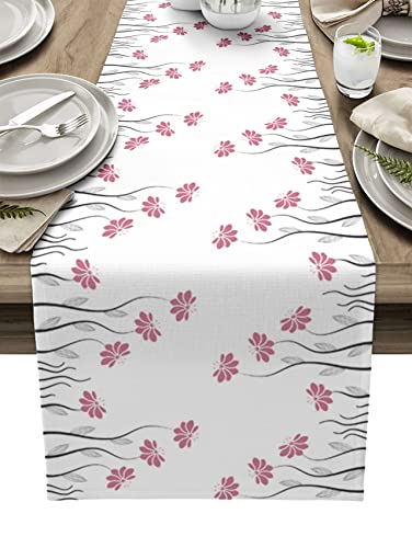 Floral Spring Cotten Linen Table Runner 36 Inches Long, Non-Slip Farmhouse Burlap Table Runners Liners for Holidays Family Dinner Wedding Banquet Party Table Scarvest Decorations, Pink Flower Plant
