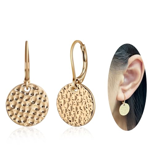 Hammered Hoop Earrings Disc Circle Sterling Silver Handmade Hypoallergenic Dangle Earrings for Women - Silver & Gold