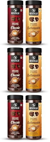 Image of Bevzilla 200g Classic & 200g Butterscotch Flavoured Instant Coffee Powder | Perfact For Espresso, Latte & Cappuccino | Hot & Cold Brews (Pack of 3)