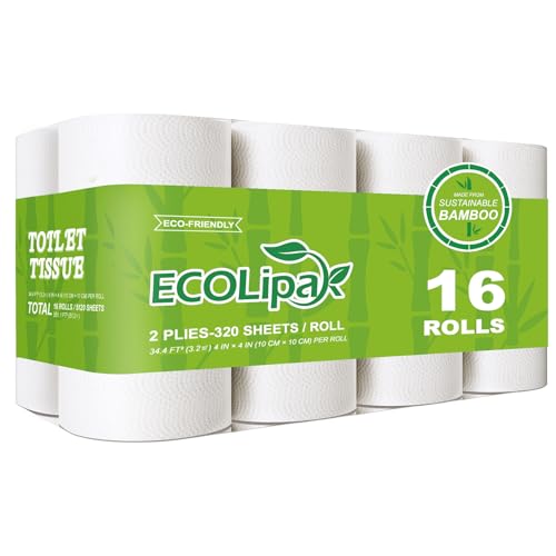 ECOLipak Bamboo Toilet Paper, Septic Safe Toilet Tissue, 16 Double Rolls, 320 Sheets Per Roll, Tree...