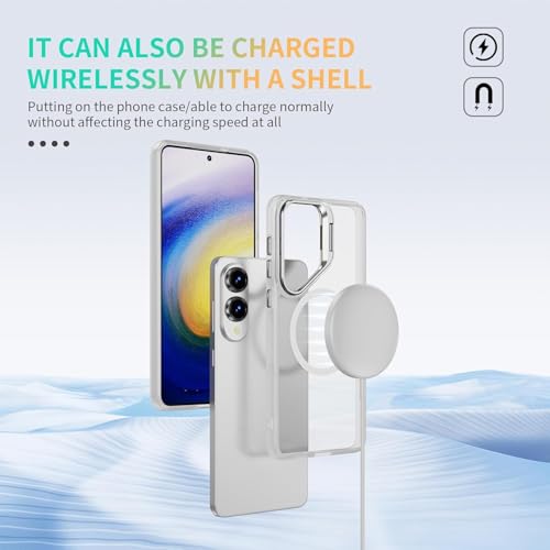Image of Elzzi Magsafe Compatible case for Samsung Galaxy S25 Edge 5g Case Compatible with Wireless Charging, with Camera Stand, Military Grade Drop Tested, Translucent Hard Back Soft Edge Back Cover - White