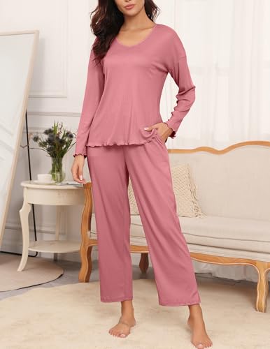 Ekouaer Womens Ribbed Knit Pajamas Set V Neck Long Sleeve Pj Set 2 Piece Loungewear Casual Sleepwear