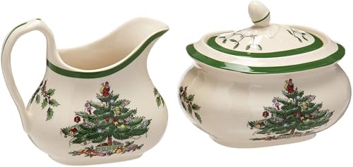 Spode Christmas Tree Sugar & Creamer Set - 16oz Sugar Bowl with Lid & 8oz Creamer - Fine Earthenware Holiday Tea & Coffee Serving Set - Dishwasher Safe Festive Tableware