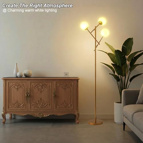 Image of Fiqevs 3 Globe Floor Lamp for Living Room, Swing Arms Standing Tree Lamp | 3000K Warm Light, 3 LED Bulbs Included, Adjustable Orb Glass Shade Mid Modern Lamp for Bedroom /Office, Antique Brass /Gold