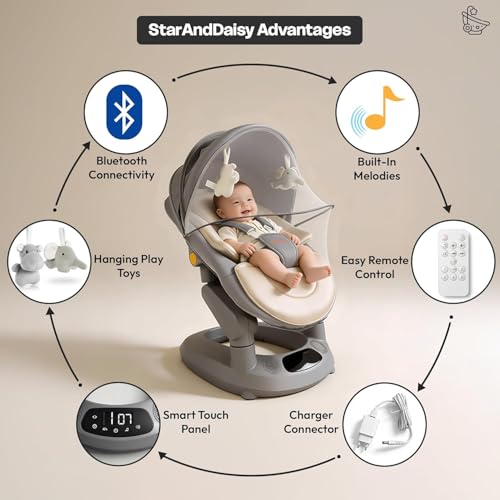 Image of StarAndDaisy baby rockers for 0 to 2 years, Baby Multi functional rocker / rocking chair for babies Infants & Toddler with 5-level Automatic Swing & Bouncer / cradle with touch panel & hanging toys - Beige