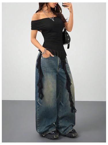 SweatyRocks Women's Ruffle Off The Shoulder T Shirts Ruched Asymmetrical Hem Short Sleeve Mesh Y2k Tops3