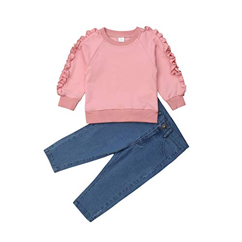Toddler Kid Baby Girl Ruffle Tops Long Sleeve Sweatshirt Jeans Denim Pants 2Pcs Outfits (Ruffle Tops + Denim Pants, 2-3 T)