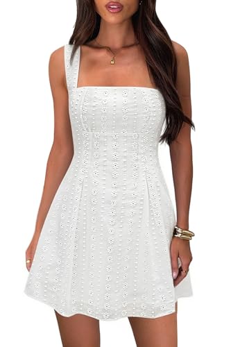 Image of Women's Square Neck Mini Dress Sexy Sleeveless Bow Tie A-Line Summer Cute Floral Eyelet Vacation Beach Short Sundress