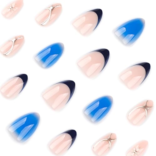 Image of Blue Press on Nails French Tip Fake Nails Short Almond False Nail with Alligator Print Design Blue Ombre Glue on NailsAcrylic Nail Full Cover Silver Star Stick on Nail for Women Manicure 24Pcs