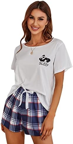 Romwe Women's 2 Piece Pajama Set Cartoon Print Short Sleeve Tops and Shorts Lounge Set White and Blue Plaid M