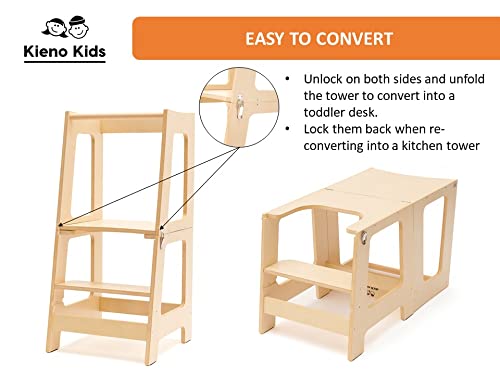 Learning Toddler Desk & Toddler Tower - Foldable 2 In 1 Kitchen Stool & Desk For Toddlers. Convenient Toddler Standing Tower, Converts Into A Toddler Table / Desk For Toddler (Natural Wood) #TOP3