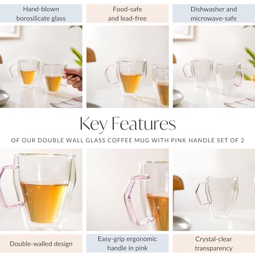 Image of Nestasia Double Wall Borosilicate Glass Mugs Set of 2 (250ml Each) - Microwave & Dishwasher Safe Transparent Glass Tea Cups with Pink Handles | Food Safe & Durable Coffee Mugs - Ideal for Gifting