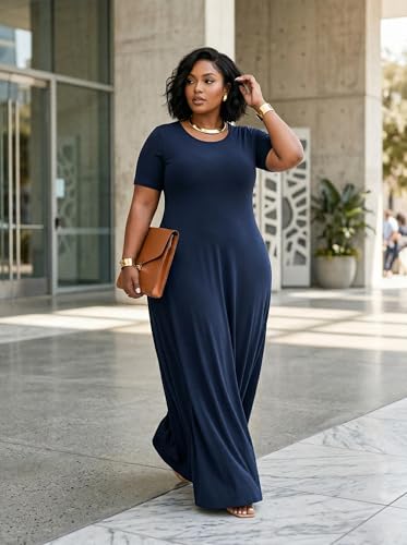 Image of SUZONANA Plus Size Maxi Dress for Curvy Women Summer Casual Sundress Short Sleeve Loose Vacation Dress