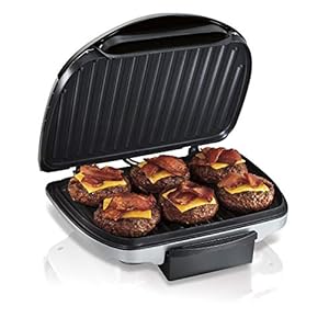 Hamilton Beach Electric Indoor Grill, 6-Serving, Large 90 sq. in. Nonstick Easy Clean Plates, Floating Hinge for Thicker Foods, 1200 Watts, Silver (25371)