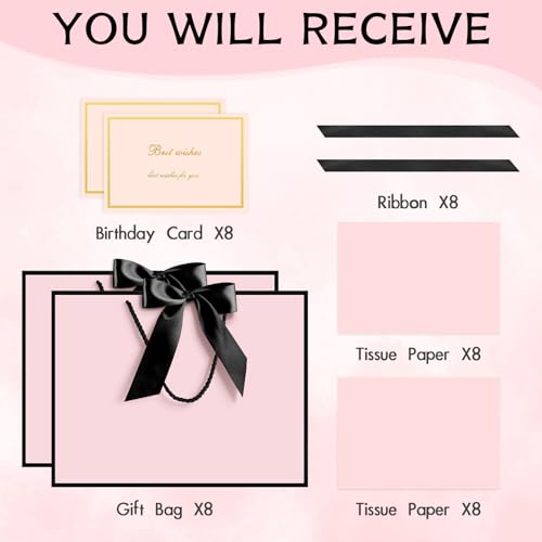 Image of JMANNI Gift Bags with Handles, 13 inch Medium Gift Bag for Presents, 8 Pcs Bags with 16 Tissue Paper and 8 Cards for Baby Shower Wedding Bridal Shower Mother's Day Birthday Party (pink black)