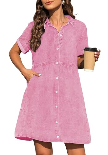 Image of Denim Dress for Women 2026 with Pockets Short Sleeve Jean Dresses for Women