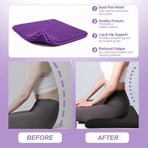 Image of Purple Gel Seat Cushion for Long Sitting, 20 inch Extra Large Double Thick Cooling Chair Cushions for Office Chair, Wheelchair, Car Seat, Stadium Seat Cushion, Game Chair Pads for Tailbone Pain Relief