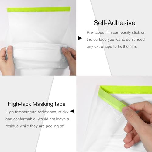 Image of uxcell Pre-Taped Masking Film, 4.9ft x 66ft with 2 Extra Painters Tape, Plastic Drop Cloth with High-Tack Painters Tape for Painting Protection, Green, 4Pcs