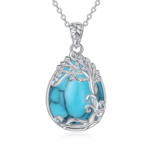 925 Sterling Silver Turquoise Necklace Tree of Life Teardrop Pendant Necklace Turquoise Jewellery for Women (OO-Tree of Life Turquoise Necklace)