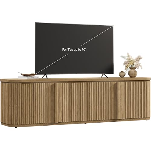 Image of SICOTAS TV Stand for 70 Inch TV : Mid Century Modern Fluted TV Console Cabinet with Storage and Adjustable Shelves, Long Wood Entertainment Center for Living Room, Apartment