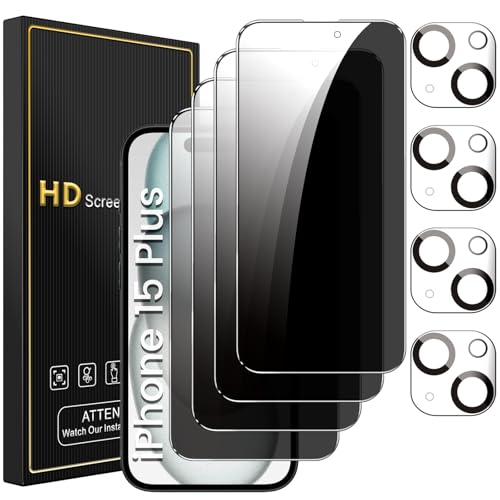 Romkasi 4 Pack Privacy Screen Protector for iPhone 15 Plus 6.7 Inch with 4 Pack Camera Lens Protector, Anti Spy Tempered Glass Film, Anti-Scratch, Touch Sensitive, Case Friendly
